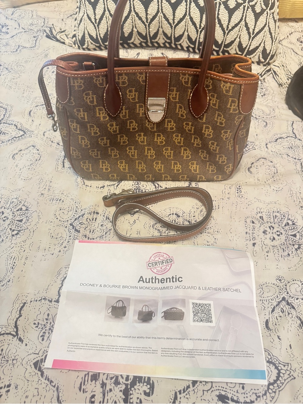Dooney & Bourke Vintage Brown Monogram Jacquard Leather Satchel